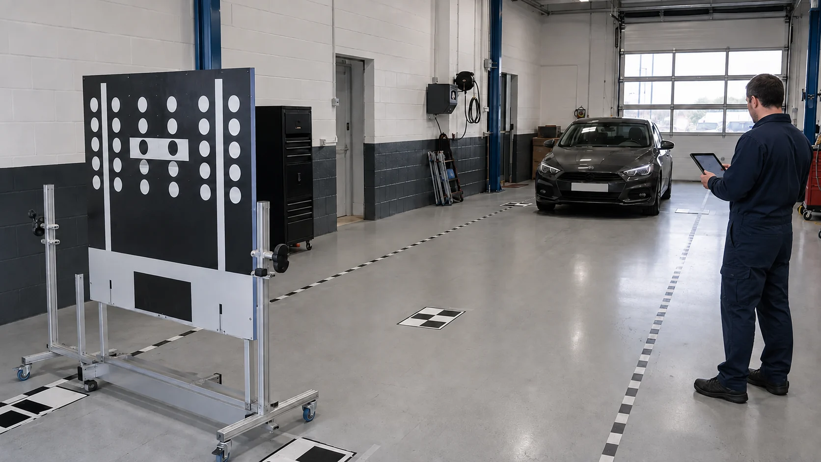 Modern vehicle undergoing ADAS camera calibration
