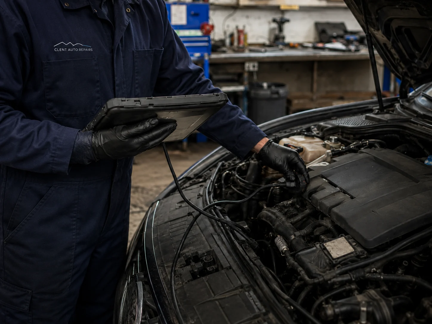 Technician carrying out vehicle diagnostics